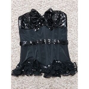 Black Sequin Bow Coquette Corset Bustier Size M Black Tie Event Holiday Sparkle